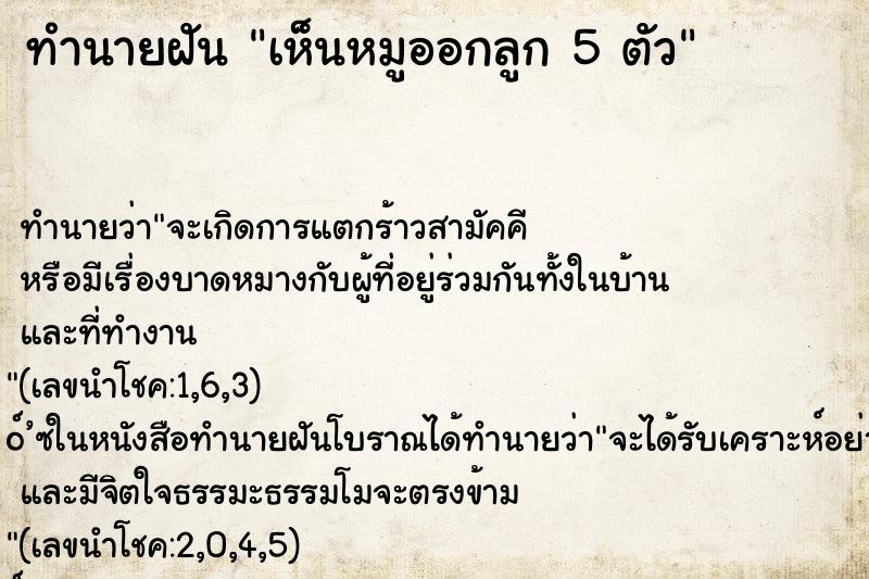 ทำนายฝัน เห็นหมูออกลูก 5 ตัว ทำนายฝัน เห็นหมูออกลูก 5 ตัว